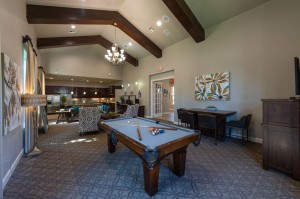 Apartments in Conroe, Texas - Clubhouse Pool Table & Kitchen View         