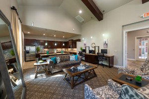Apartments in Conroe, Texas - Clubhouse Seating Area, Cyber Cafe & Kitchen View         